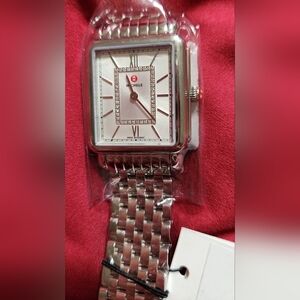 NWT Michele Silver Rectangular Watch with Crystal Accents